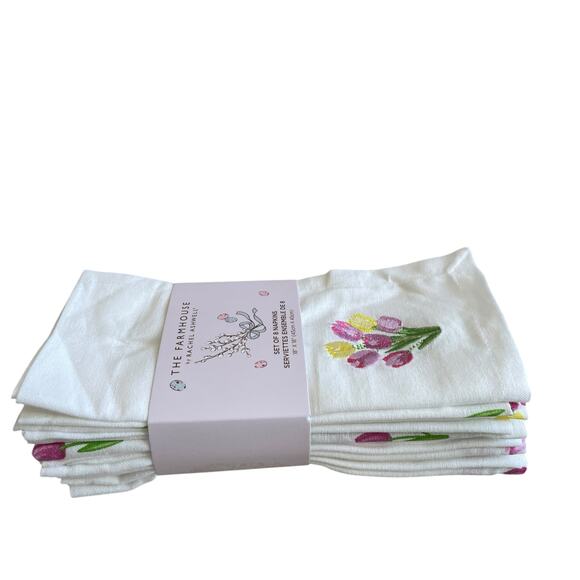 8pc Rachel Ashwell THE FARMHOUSE Cotton Napkins 18x18 Embroidered Tulips New - Picture 13 of 15